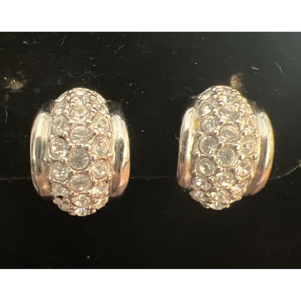 Swarovski Swan White Rhinestone Silver tone Hoop Clip on Earrings